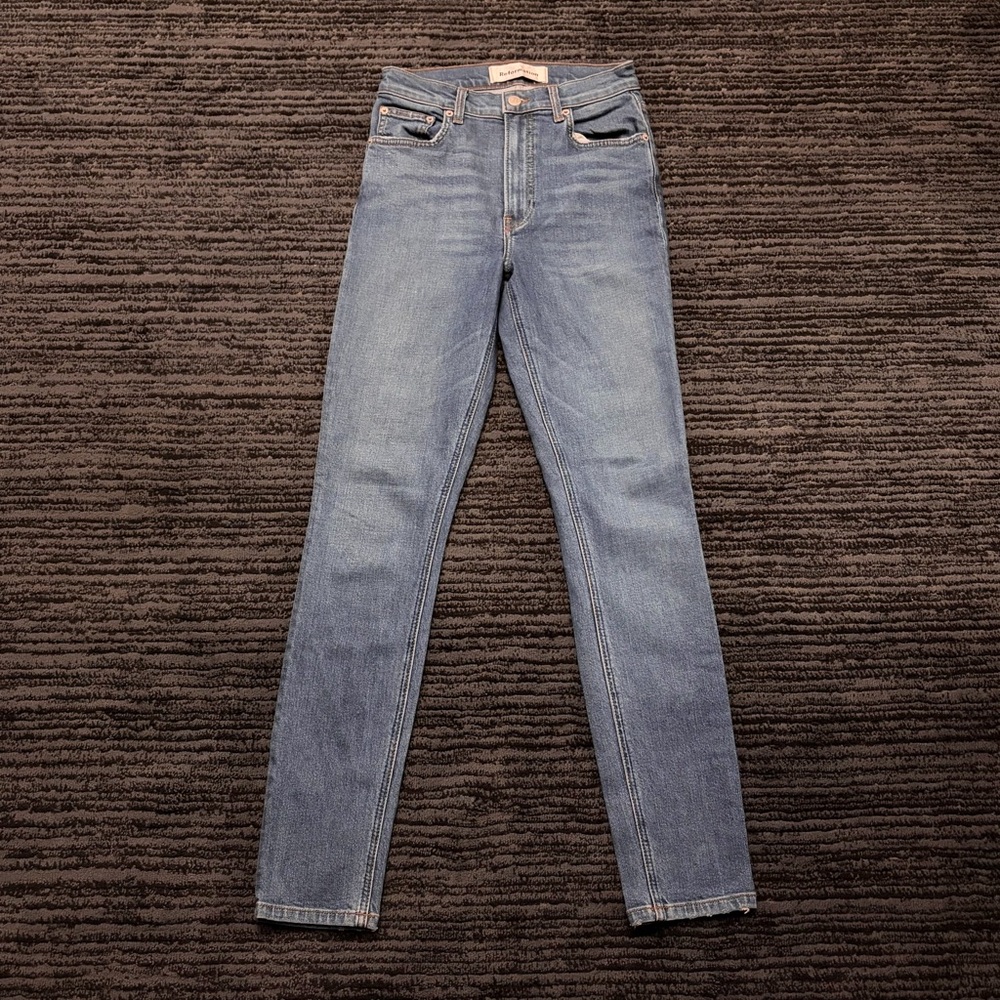 Reformation Size 26 Medium Wash Rhine High & Skinny  Zip Fly Denim Jeans
